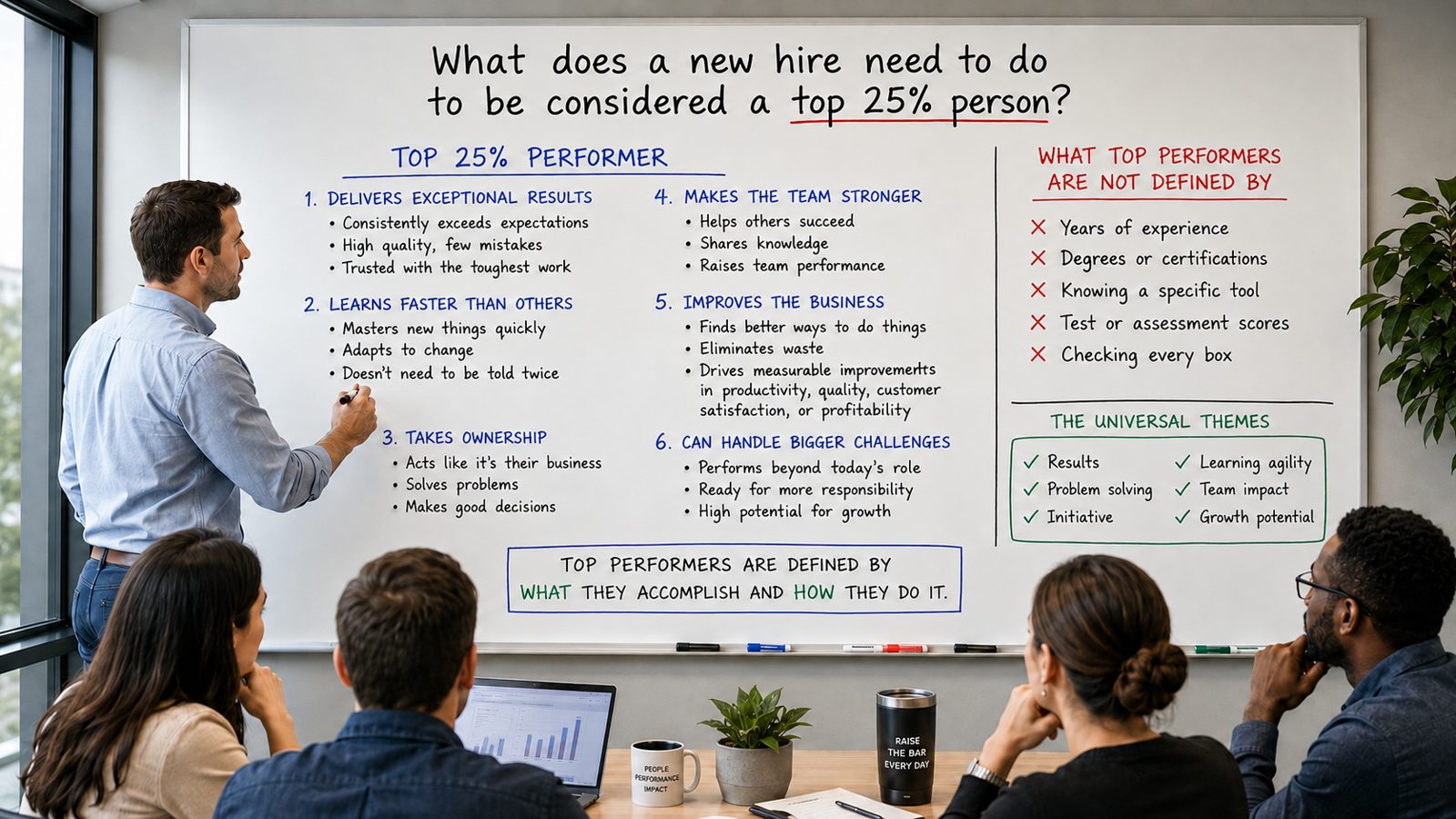 Whiteboard defining a Top 25% Performer: delivers exceptional results, learns faster than others, takes ownership, makes the team stronger, improves the business, and can handle bigger challenges. Not defined by years of experience, degrees, a specific tool, test scores, or checking every box.