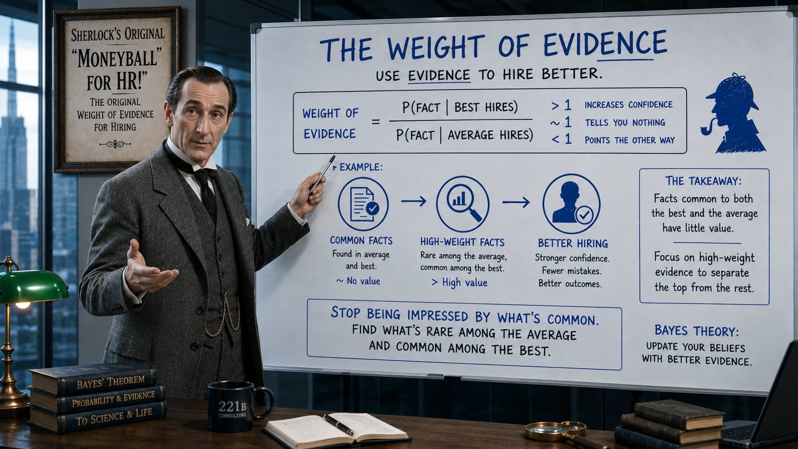 The Weight of Evidence: weight of evidence equals the probability of a fact among the best hires divided by its probability among average hires. Above 1 increases confidence, about 1 tells you nothing, below 1 points the other way.